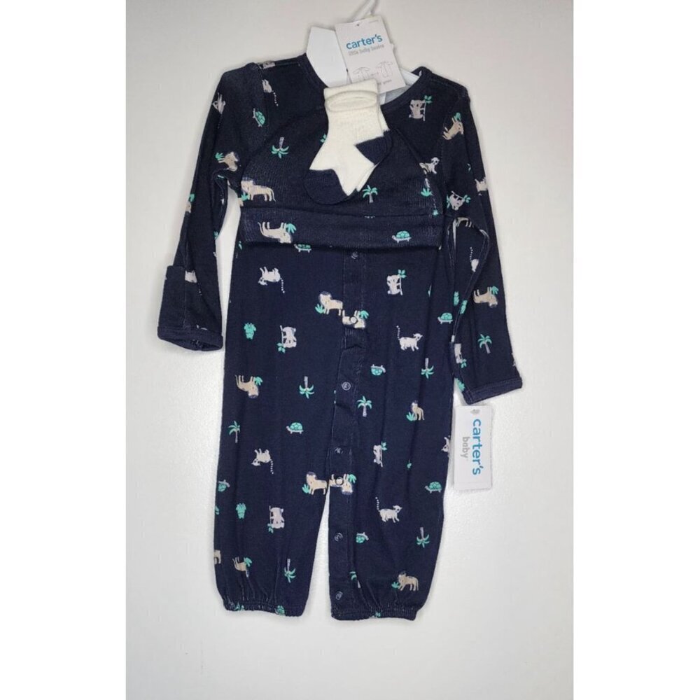 CARTER'S LITTLE BABY SLEEP & PLAY GOWN /BODYSUIT HAT SOCKS NAVY BLUE SIZE 3M